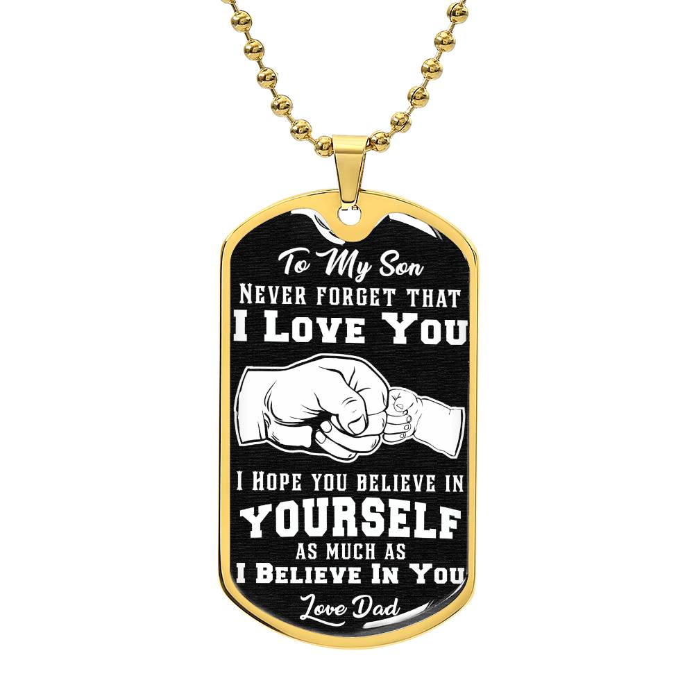 Luxury Military Necklace: 24" (61cm) with upgraded clasp Dog Tag: 28.5mm x 51mm Gold finish