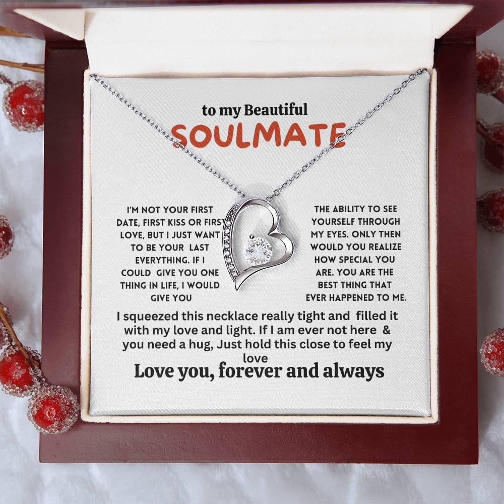 Gift card with a necklace featuring a 6.5mm round cut cubic zirconia stone in 14k white gold finish, pendant dimensions 0.8 inches in height and 0.7 inches in width, adjustable chain length of 18 to 22 inches, with a lobster clasp.