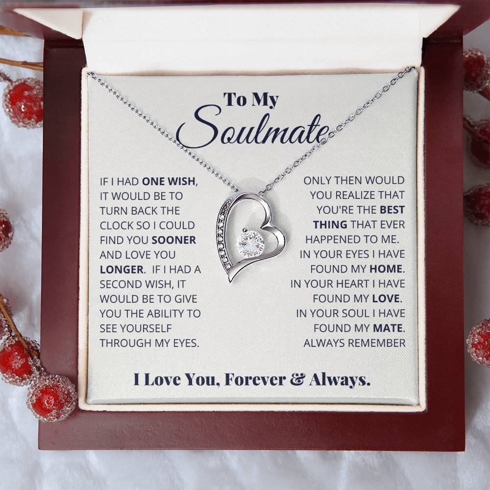 gift card with a large cz diamond in the middle of a heart necklace for a soulmate
