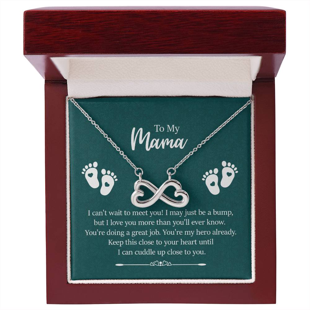 Gift card with the Endless Love Necklace featuring a heart-shaped infinity symbol in 14k white gold finish, hand-polished for a magnificent shine, dimensions 0.5 inches in height and 1 inch in width, suspended on a 16 to 22-inch adjustable cable chain with a lobster clasp, inscribed with 'I'll love you till the end of time.