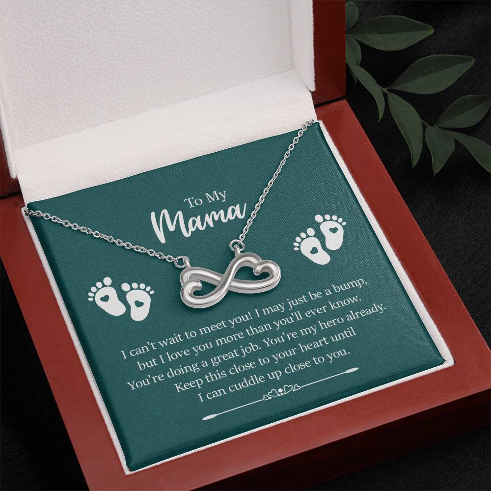 Gift card with the Endless Love Necklace featuring a heart-shaped infinity symbol in 14k white gold finish, hand-polished for a magnificent shine, dimensions 0.5 inches in height and 1 inch in width, suspended on a 16 to 22-inch adjustable cable chain with a lobster clasp, inscribed with 'I'll love you till the end of time.