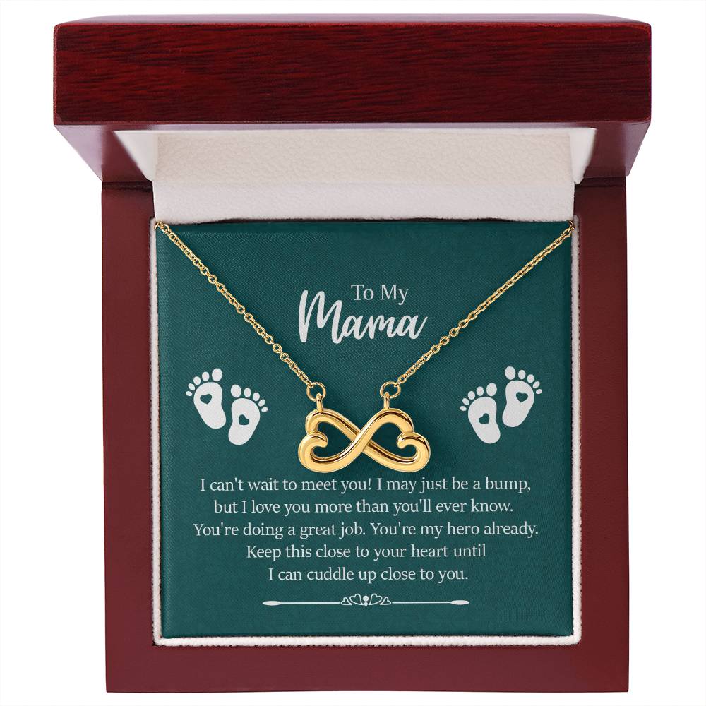 Endless Love Necklace on a gift card, showcasing a heart-shaped infinity symbol in 18k yellow gold finish, artisan-crafted and hand-polished, dimensions 0.5 inches in height and 1 inch in width, hanging elegantly on a 16 to 22-inch adjustable cable chain with a lobster clasp, and inscribed with 'I'll love you till the end of time.