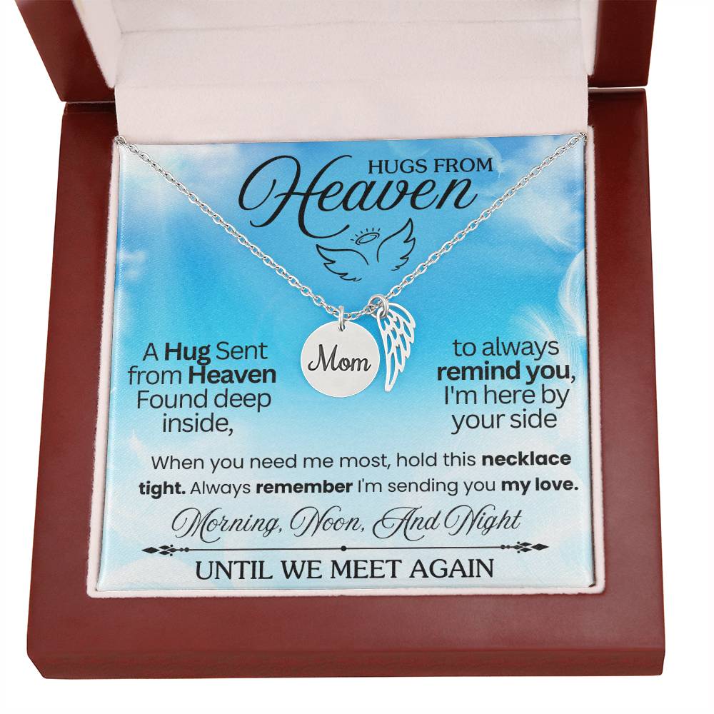Message card with a memorial necklace Dad Product specifications: Polished Stainless Steel and 18k Yellow Gold over Stainless Steel. Pendant Dimensions, Circle 0.5" (13mm), Wing 0.625" (10mm) Adjustable 18"-22" cable chain Lobster clasp closure.