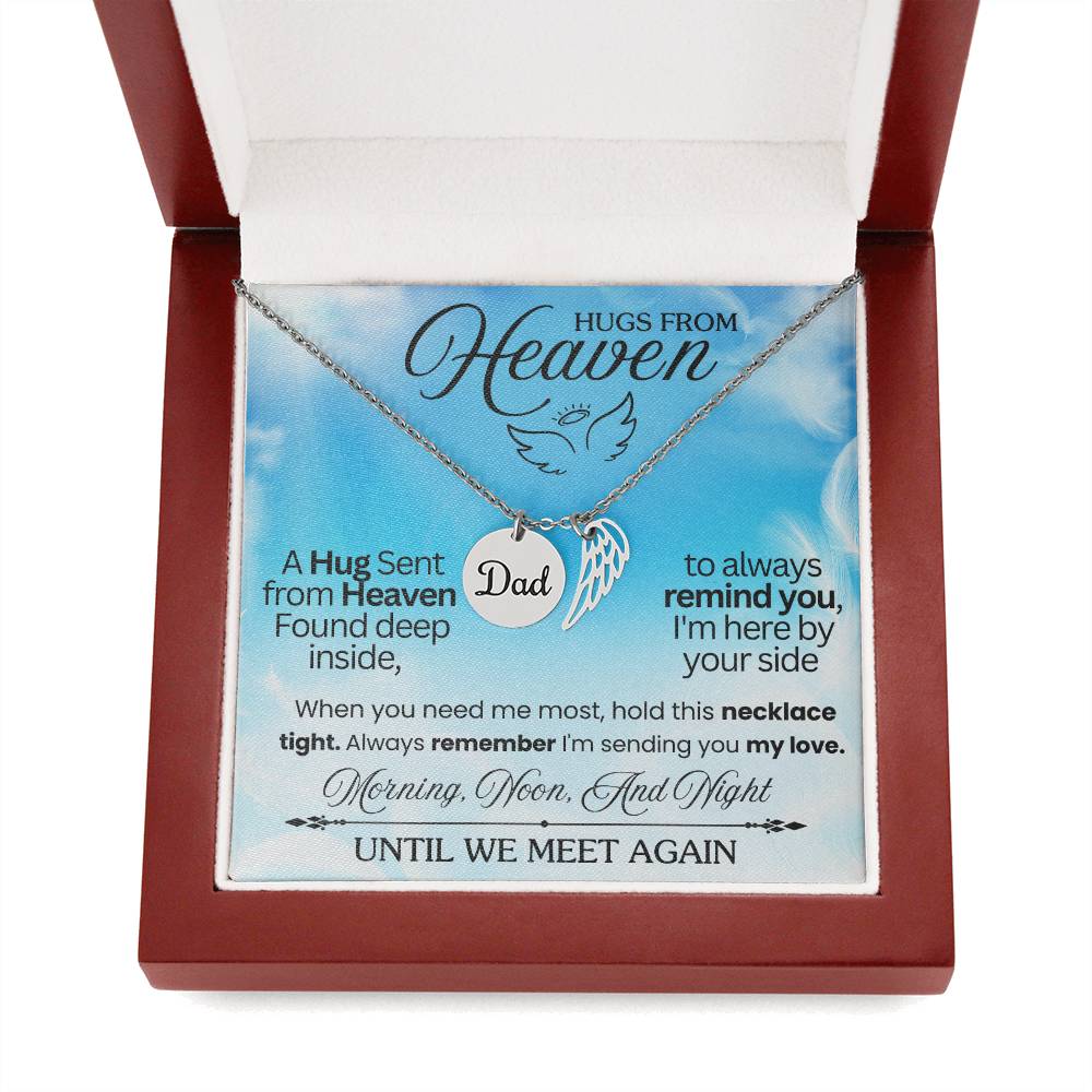 Message card with a memorial necklace Dad Product specifications: Polished Stainless Steel and 18k Yellow Gold over Stainless Steel. Pendant Dimensions, Circle 0.5" (13mm), Wing 0.625" (10mm) Adjustable 18"-22" cable chain Lobster clasp closure.