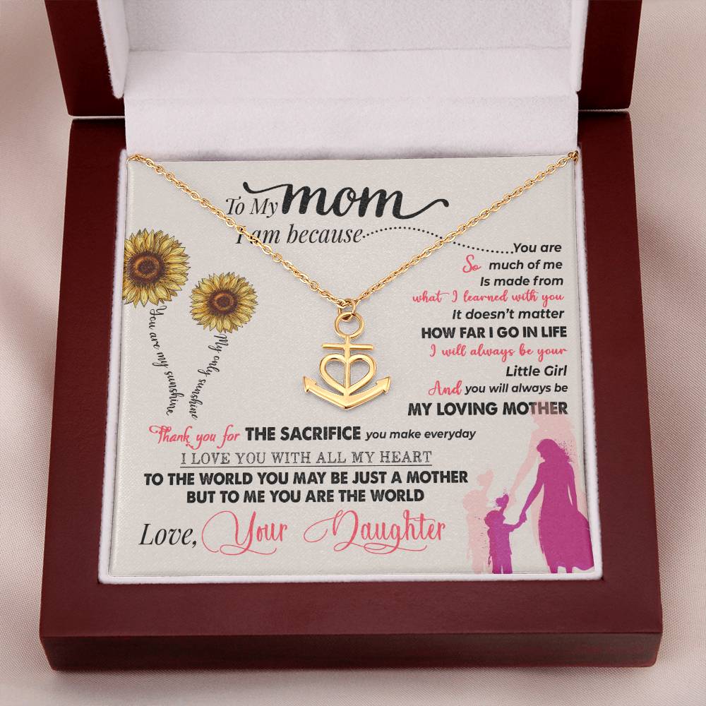 gift card with a combination heart and ship anchor pendant necklace Material is gold finish over stainless steel in a mmahogany box