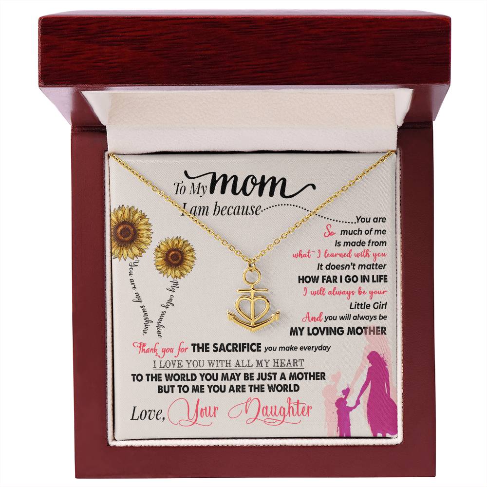 gift card with a combination heart and ship anchor pendant necklace Material is gold finish over stainless steel in a mahogany box