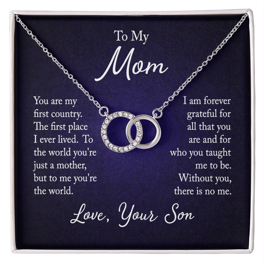 "Elegant Perfect Pair Necklace on a gift card, featuring a large circle dipped in 14K white gold and set with 20 dazzling cubic zirconia crystals, total pendant width of 0.8 inches, 18-inch chain with a 2-inch extension, and a parrot clasp, in a Luxury Box with an LED spotlight.