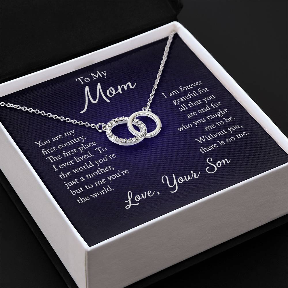 "Elegant Perfect Pair Necklace on a gift card, featuring a large circle dipped in 14K white gold and set with 20 dazzling cubic zirconia crystals, total pendant width of 0.8 inches, 18-inch chain with a 2-inch extension, and a parrot clasp, in a Luxury Box with an LED spotlight.