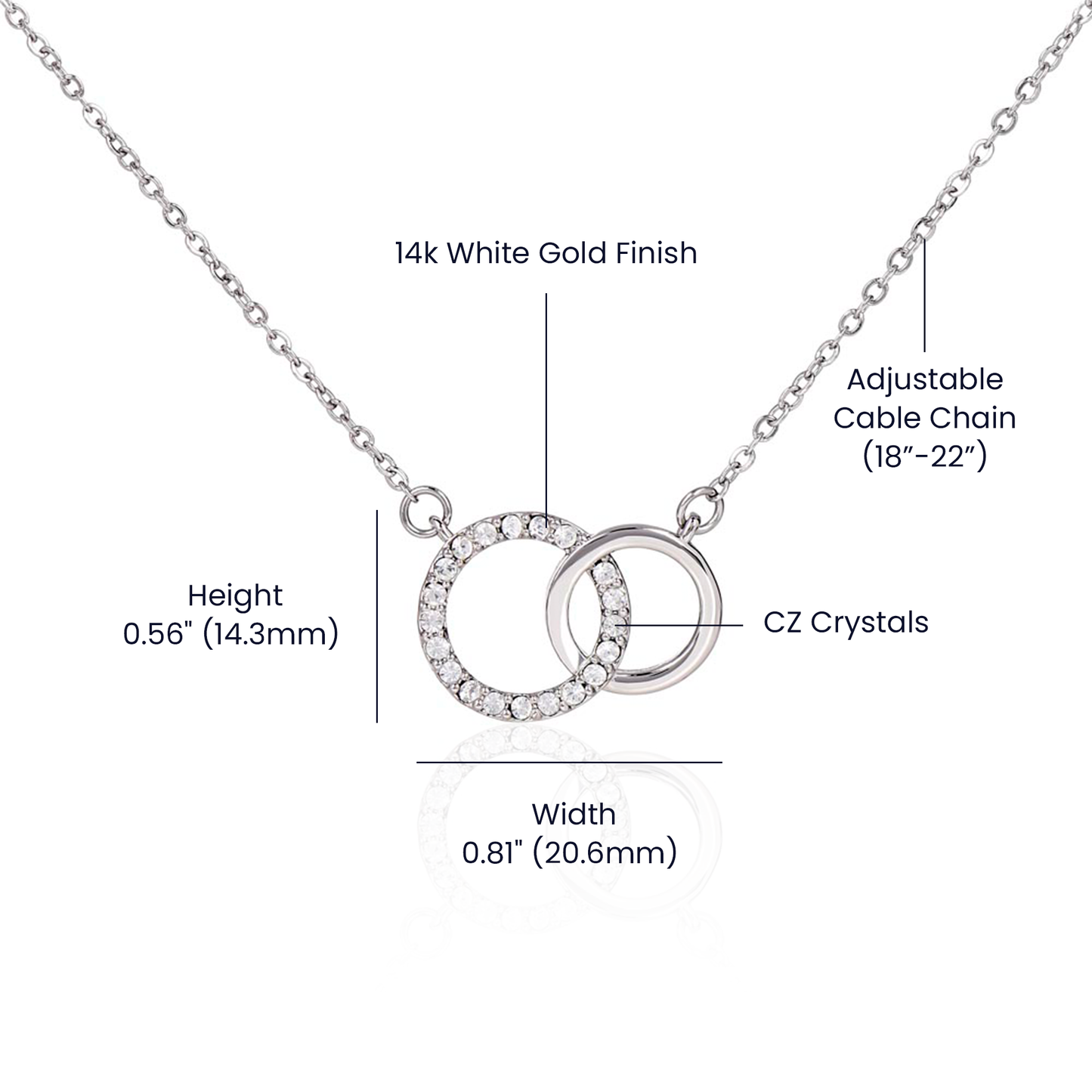 "Elegant Perfect Pair Necklace on a gift card, featuring a large circle dipped in 14K white gold and set with 20 dazzling cubic zirconia crystals, total pendant width of 0.8 inches, 18-inch chain with a 2-inch extension, and a parrot clasp, in a Luxury Box with an LED spotlight.
