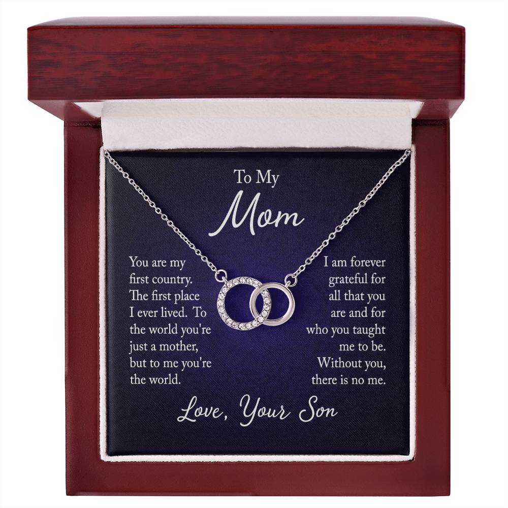 "Elegant Perfect Pair Necklace on a gift card, featuring a large circle dipped in 14K white gold and set with 20 dazzling cubic zirconia crystals, total pendant width of 0.8 inches, 18-inch chain with a 2-inch extension, and a parrot clasp, in a Luxury Box with an LED spotlight.