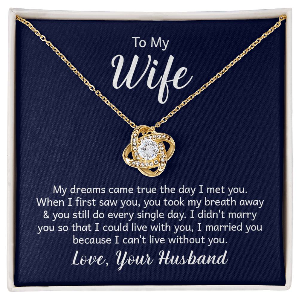 "18k yellow gold over stainless steel love knot necklace on a gift card, showcasing a 6mm round cut cubic zirconia stone and adjustable chain length from 18 to 22 inches."