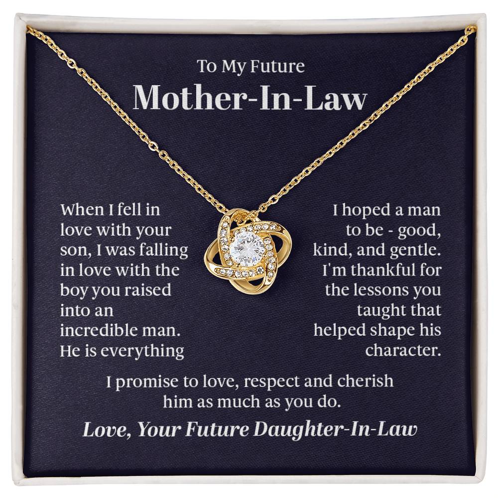 Elegant Love Knot Necklace with a pendant adorned with premium cubic zirconia crystals, 14k white gold or 18k yellow gold over stainless steel, adjustable from 18 to 22 inches.