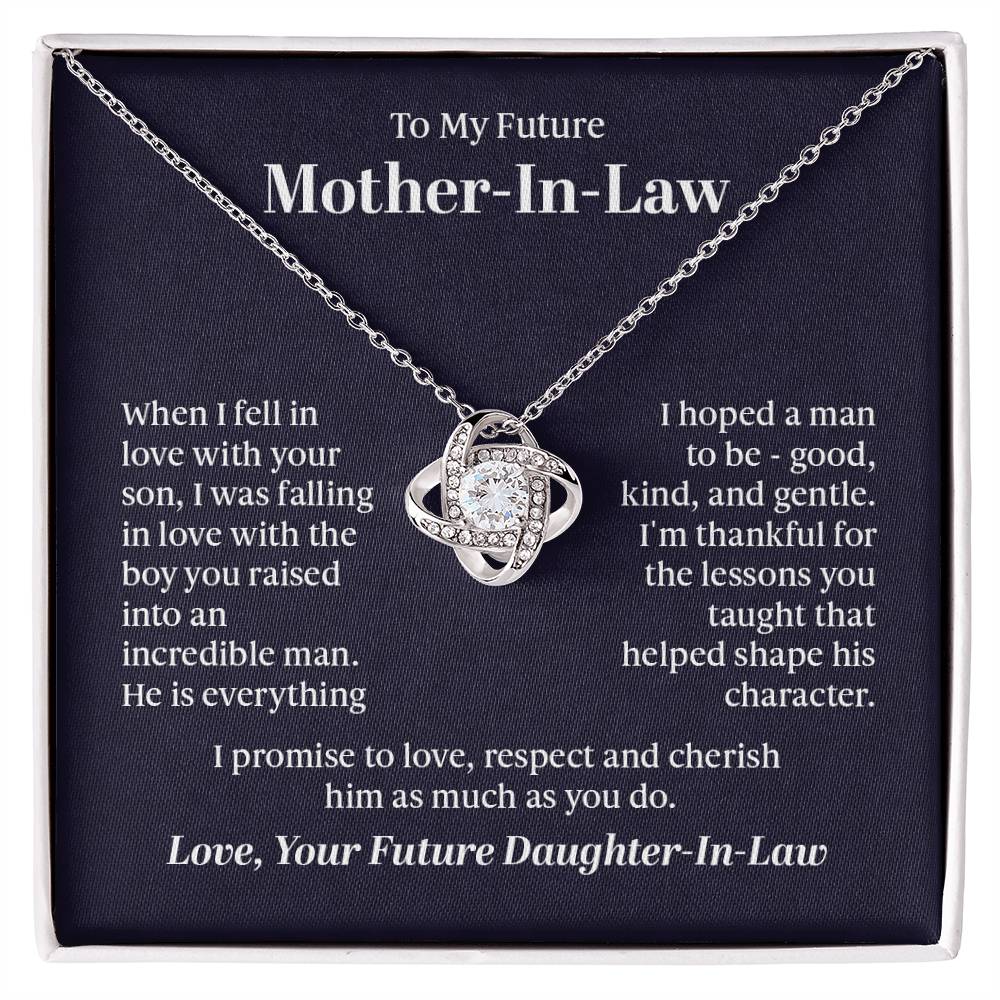 Elegant Love Knot Necklace with a pendant adorned with premium cubic zirconia crystals, 14k white gold or 18k yellow gold over stainless steel, adjustable from 18 to 22 inches.