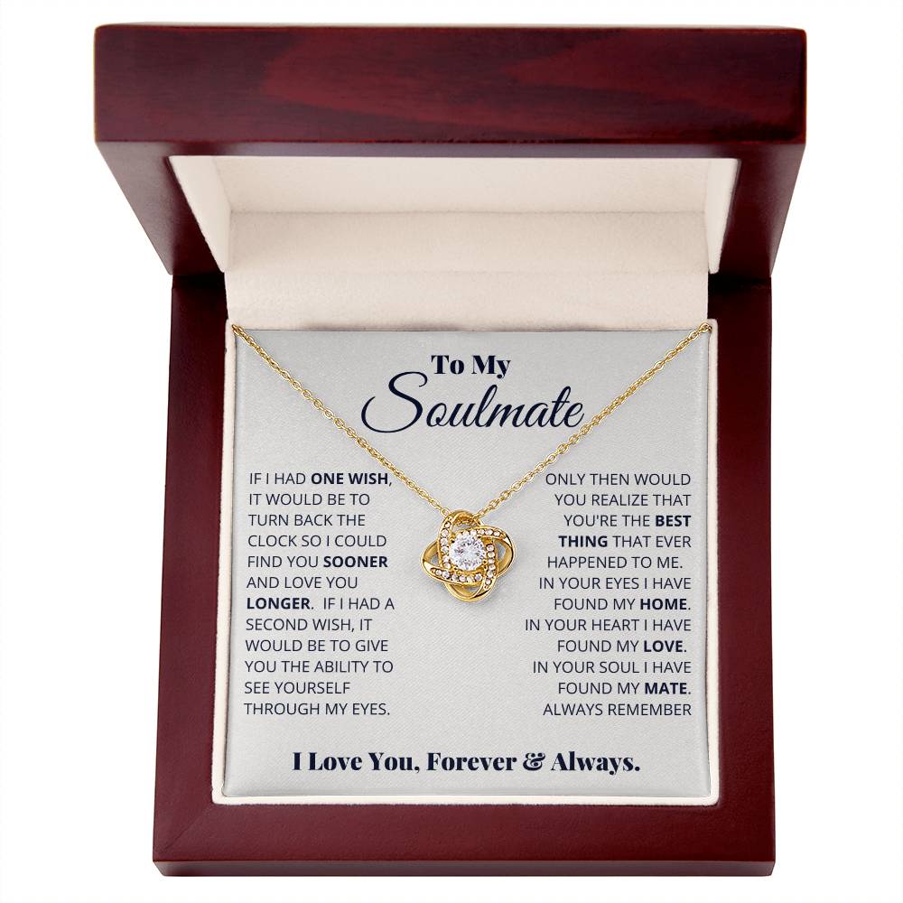 gift card with a Love knot pendant necklace for a soulmate in a nice mohogany box