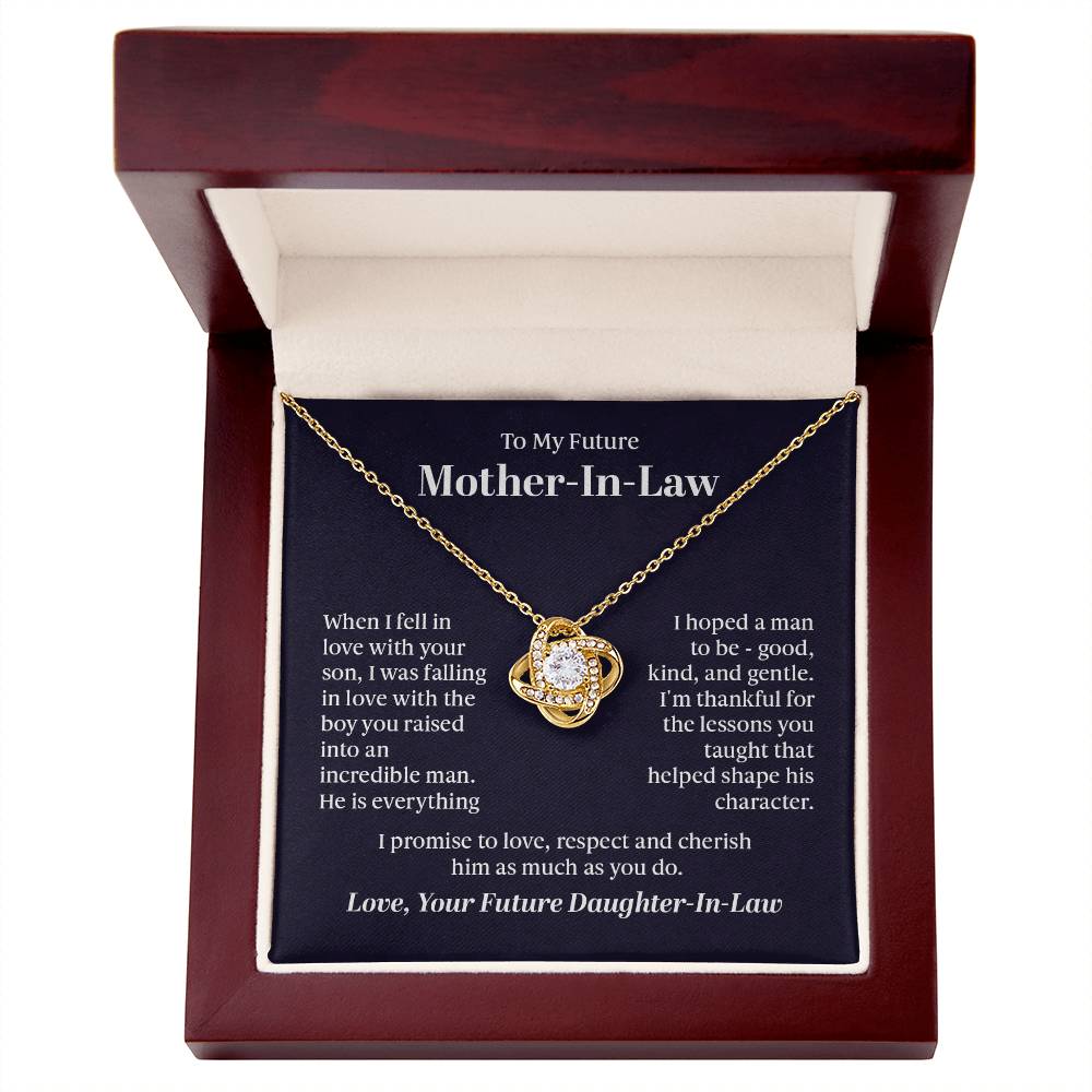 Elegant Love Knot Necklace with a pendant adorned with premium cubic zirconia crystals, 14k white gold or 18k yellow gold over stainless steel, adjustable from 18 to 22 inches.