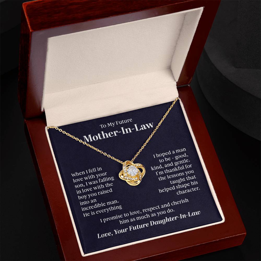 Elegant Love Knot Necklace with a pendant adorned with premium cubic zirconia crystals, 14k white gold or 18k yellow gold over stainless steel, adjustable from 18 to 22 inches.