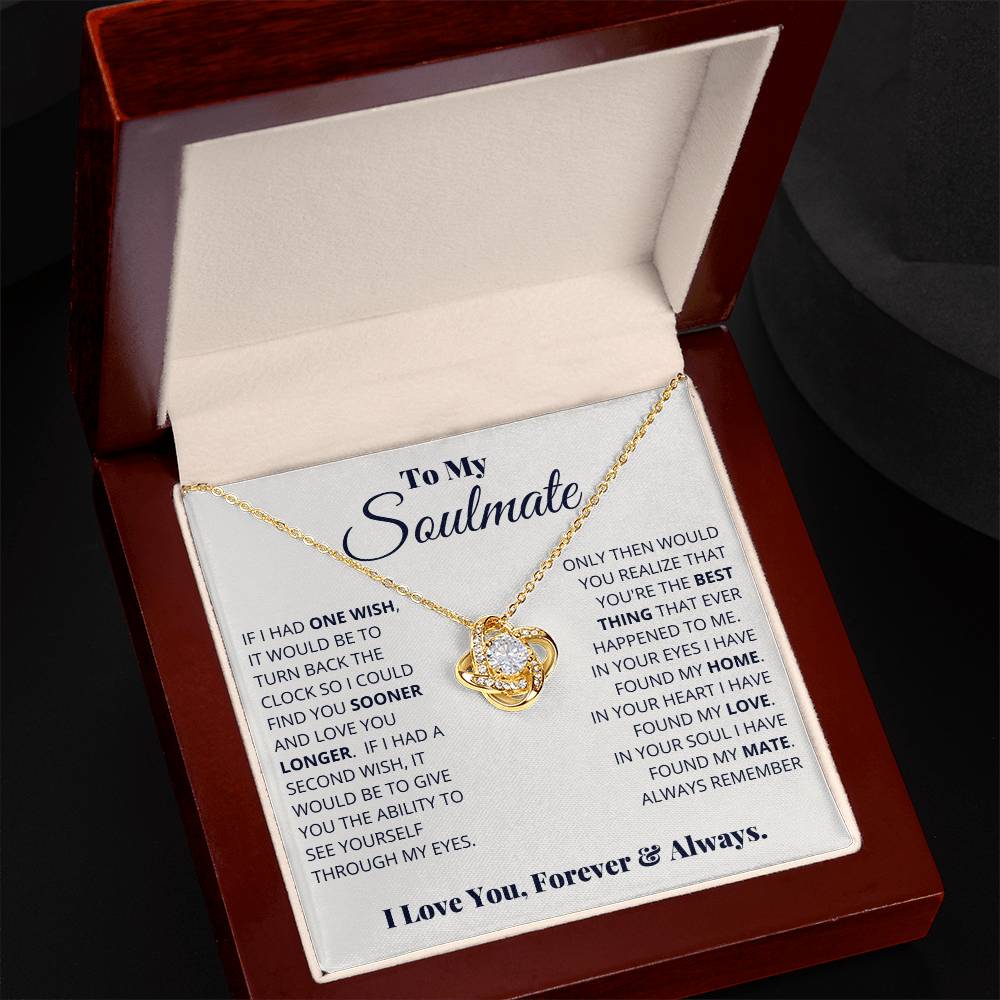 gift card with a Love knot pendant necklace for a soulmate in a nice mahogany box