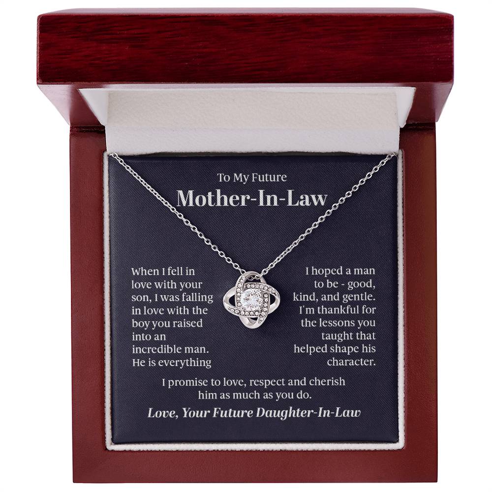 Elegant Love Knot Necklace with a pendant adorned with premium cubic zirconia crystals, 14k white gold or 18k yellow gold over stainless steel, adjustable from 18 to 22 inches.
