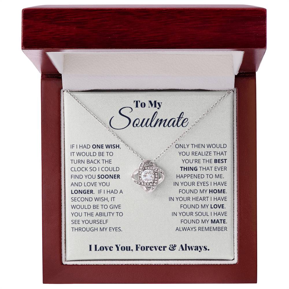 gift card with a Love knot pendant necklace for a soulmate iin a nice mohogany box