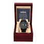 Stylish Black Chronograph Watch with a gift card, made of stainless steel (316L) with a luxury copper dial, quartz movement, 3ATM water-resistance, with a face diameter of 1.5 inches and a 7-inch watch strap with adjustable clasp, presented in a gift box.