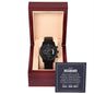 Stylish Black Chronograph Watch with a gift card, made of stainless steel (316L) with a luxury copper dial, quartz movement, 3ATM water-resistance, with a face diameter of 1.5 inches and a 7-inch watch strap with adjustable clasp, presented in a gift box.