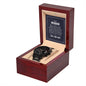 Stylish Black Chronograph Watch with a gift card, made of stainless steel (316L) with a luxury copper dial, quartz movement, 3ATM water-resistance, with a face diameter of 1.5 inches and a 7-inch watch strap with adjustable clasp, presented in a gift box.