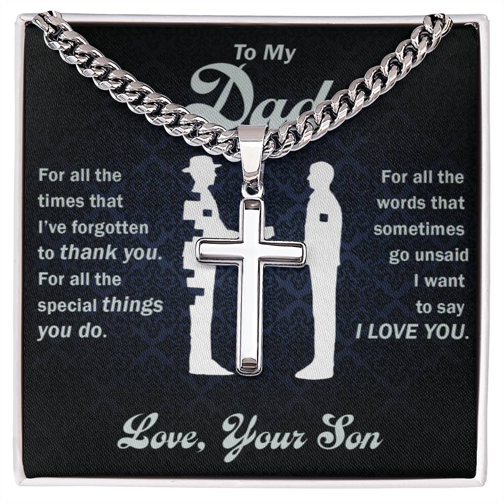 Elegant gift box featuring a Cuban link chain and a Cross pendant, designed as a thoughtful gift for a father.