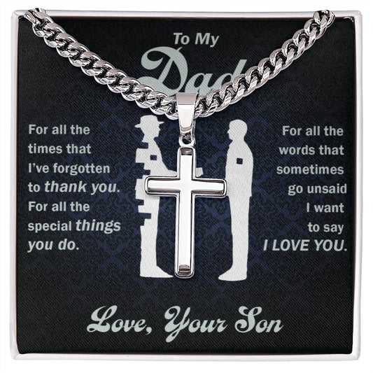 Elegant gift box featuring a Cuban link chain and a Cross pendant, designed as a thoughtful gift for a father.