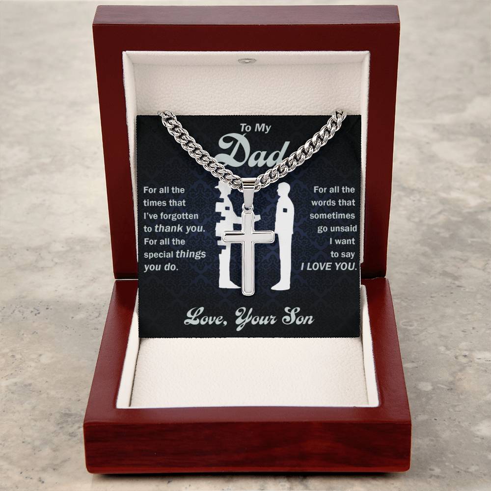 "Elegant gift box featuring a Cuban link chain and a Cross pendant, designed as a thoughtful gift for a father."