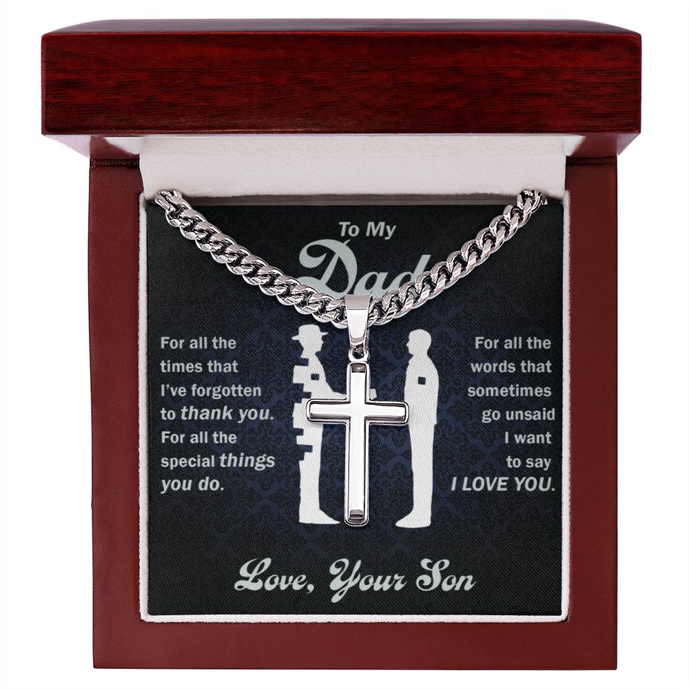 "Elegant gift box featuring a Cuban link chain and a Cross pendant, designed as a thoughtful gift for a father."