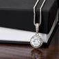 Gift box with Eternal Hope Necklace features a center cushion cut cubic zirconia that will sparkle with every step. The center crystal is adorned with equally brilliant CZ crystals, ensuring a stunning look