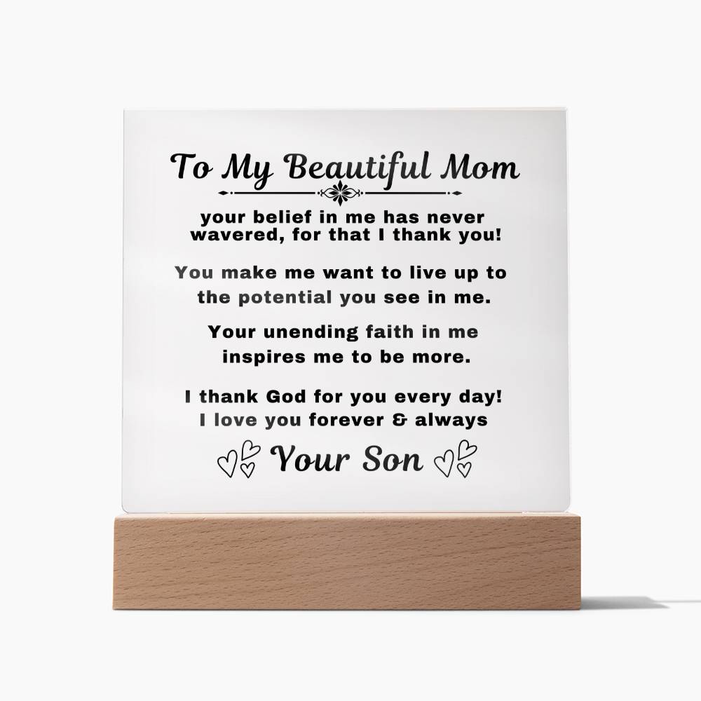 An elegant Premium Acrylic Plaque gift for Mom displayed on a sleek Wooden Base, featuring heartfelt custom engraving to celebrate a special occasion or express your love and appreciation. tags article