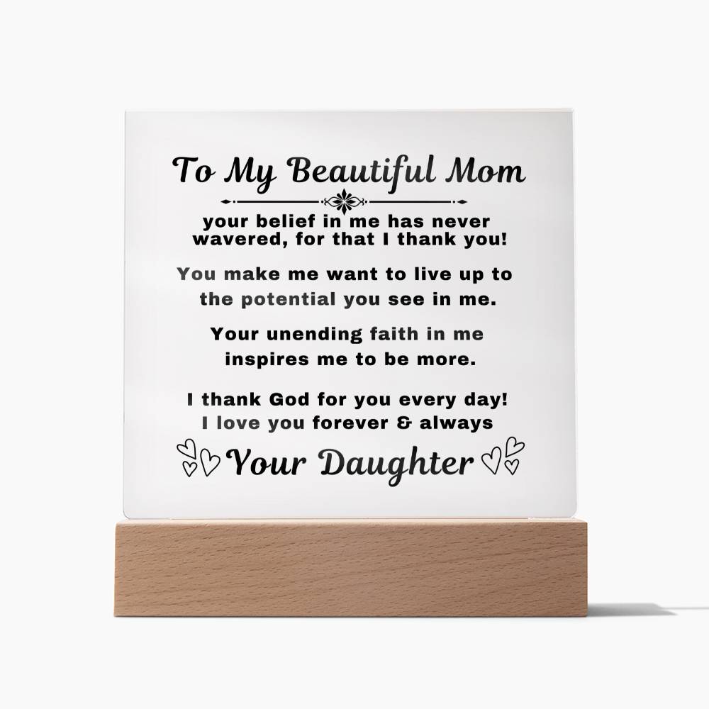An elegant Premium Acrylic Plaque gift for Mom displayed on a sleek Wooden Base, featuring heartfelt custom engraving to celebrate a special occasion or express your love and appreciation.