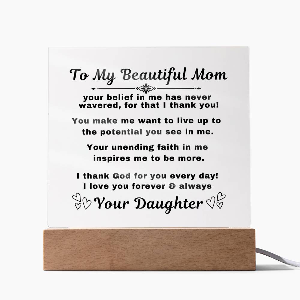 An elegant Premium Acrylic Plaque gift for Mom displayed on a sleek Wooden Base, featuring heartfelt custom engraving to celebrate a special occasion or express your love and appreciation.