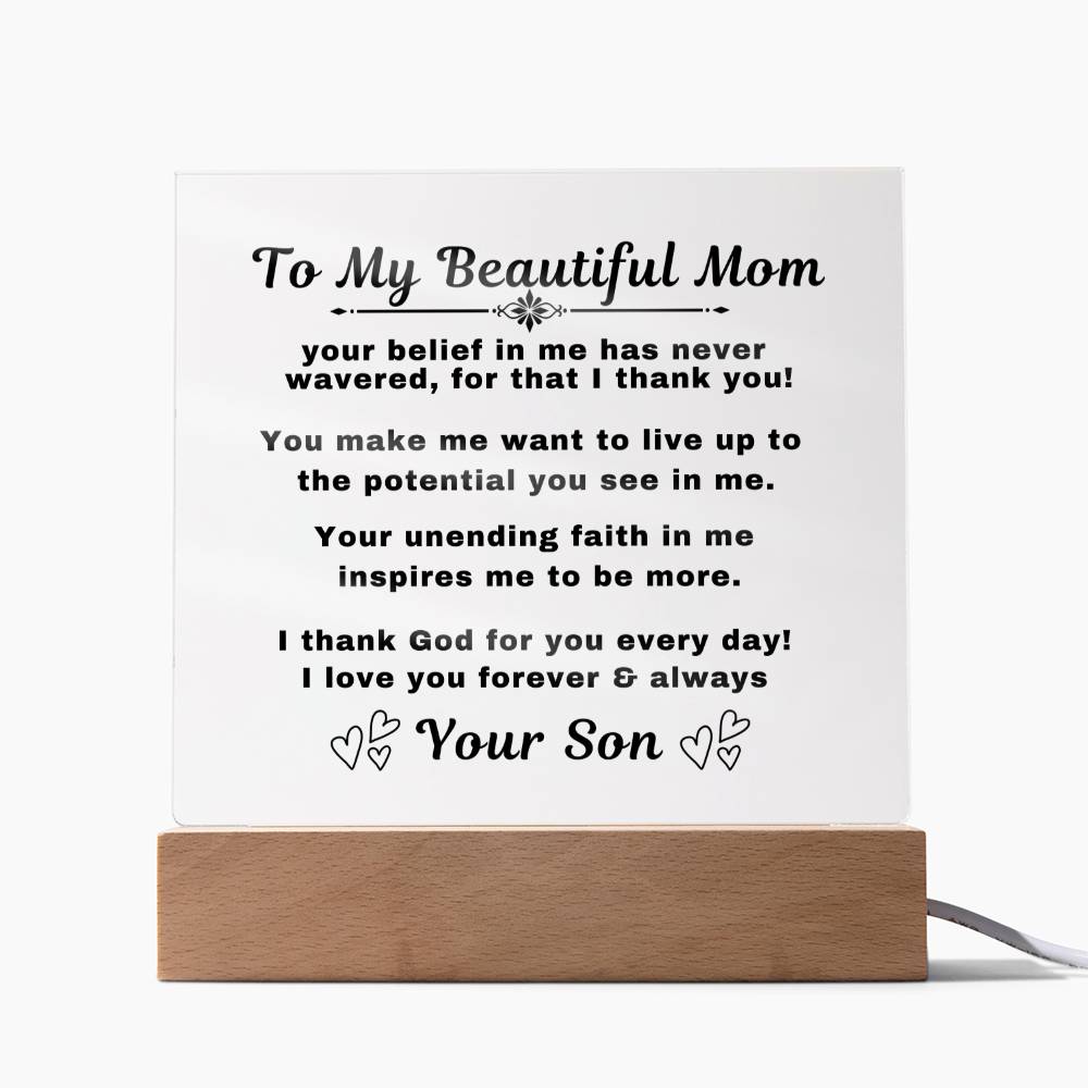 An elegant Premium Acrylic Plaque gift for Mom displayed on a sleek Wooden Base, featuring heartfelt custom engraving to celebrate a special occasion or express your love and appreciation. tags article