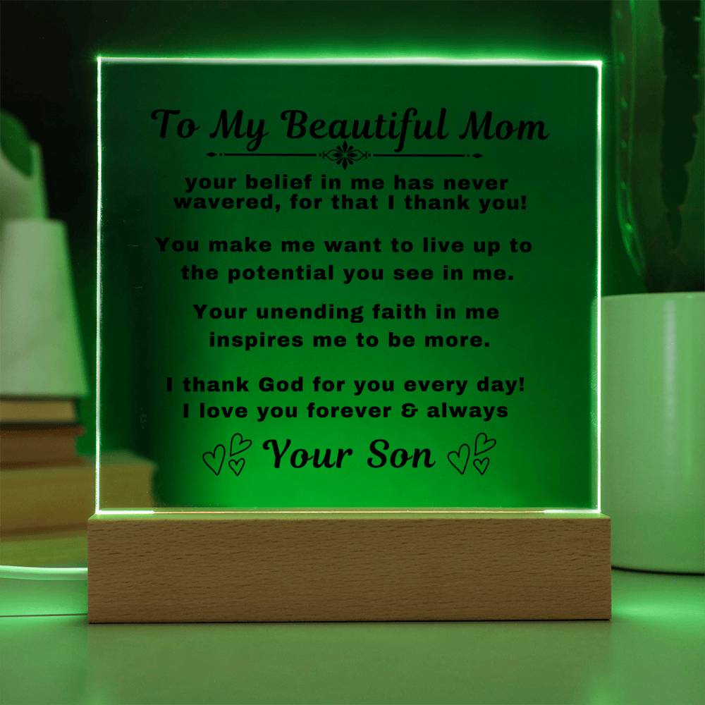 An elegant Premium Acrylic Plaque gift for Mom displayed on a sleek Wooden Base, featuring heartfelt custom engraving to celebrate a special occasion or express your love and appreciation. tags article