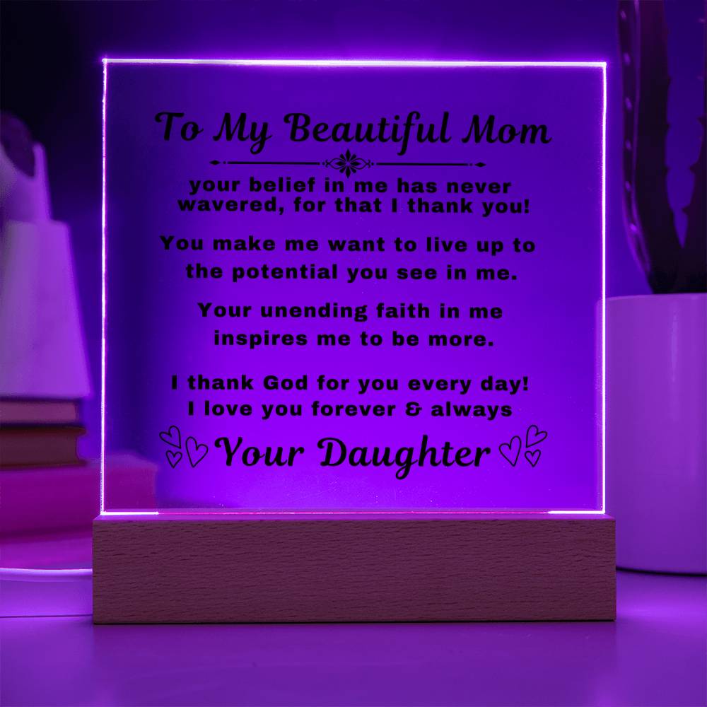 An elegant Premium Acrylic Plaque gift for Mom displayed on a sleek Wooden Base, featuring heartfelt custom engraving to celebrate a special occasion or express your love and appreciation.