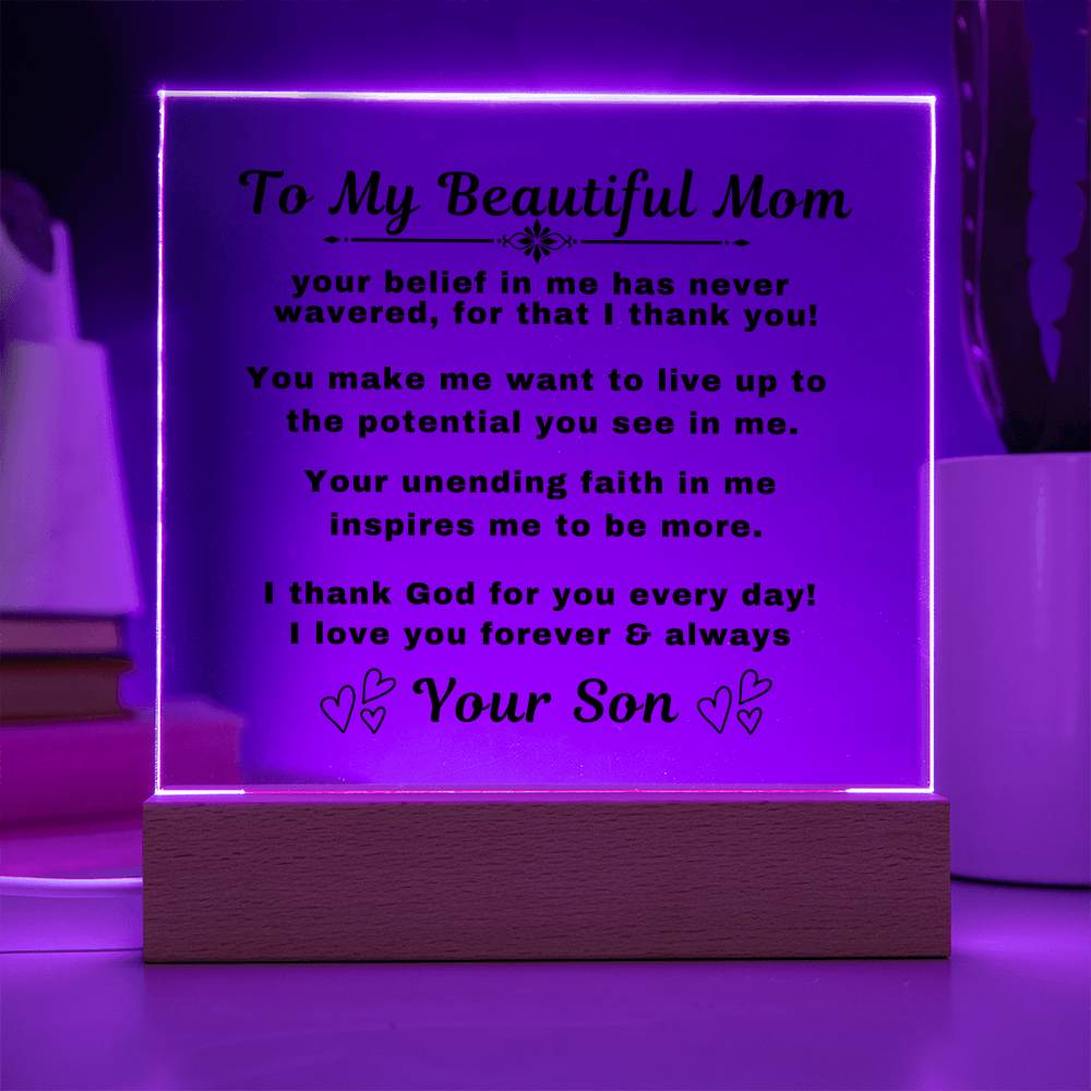 An elegant Premium Acrylic Plaque gift for Mom displayed on a sleek Wooden Base, featuring heartfelt custom engraving to celebrate a special occasion or express your love and appreciation. tags article