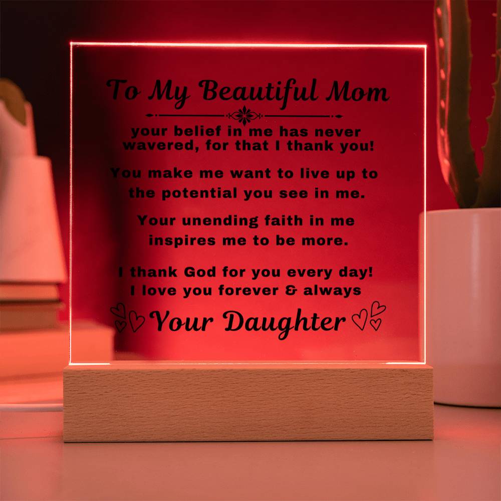 An elegant Premium Acrylic Plaque gift for Mom displayed on a sleek Wooden Base, featuring heartfelt custom engraving to celebrate a special occasion or express your love and appreciation.