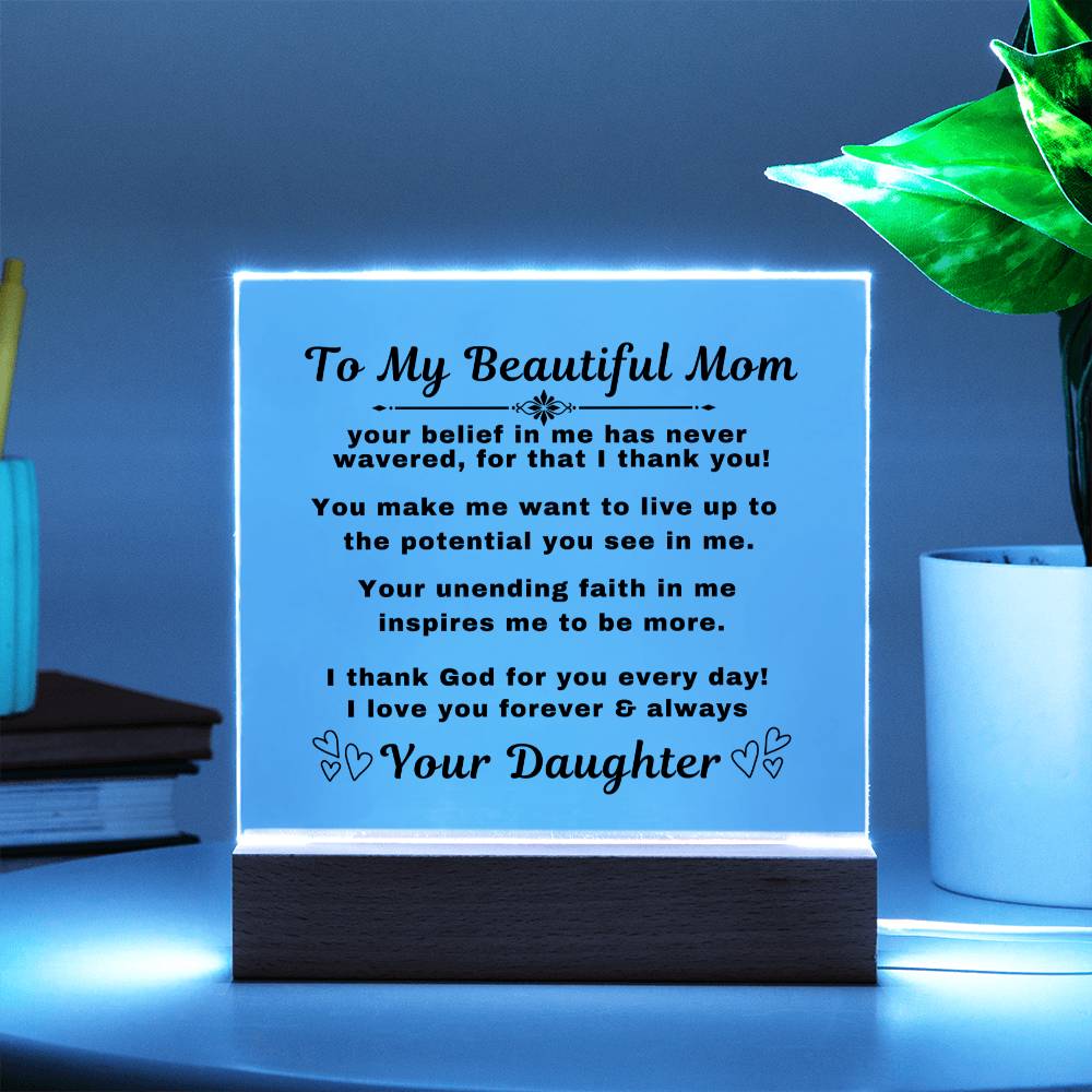 An elegant Premium Acrylic Plaque gift for Mom displayed on a sleek Wooden Base, featuring heartfelt custom engraving to celebrate a special occasion or express your love and appreciation.