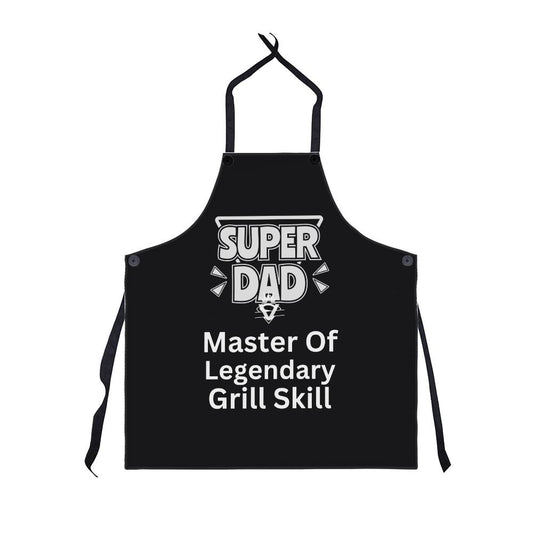 Cooking apron with the words 'Super Dad, Master of Legendary Grill Skill' printed on the front.