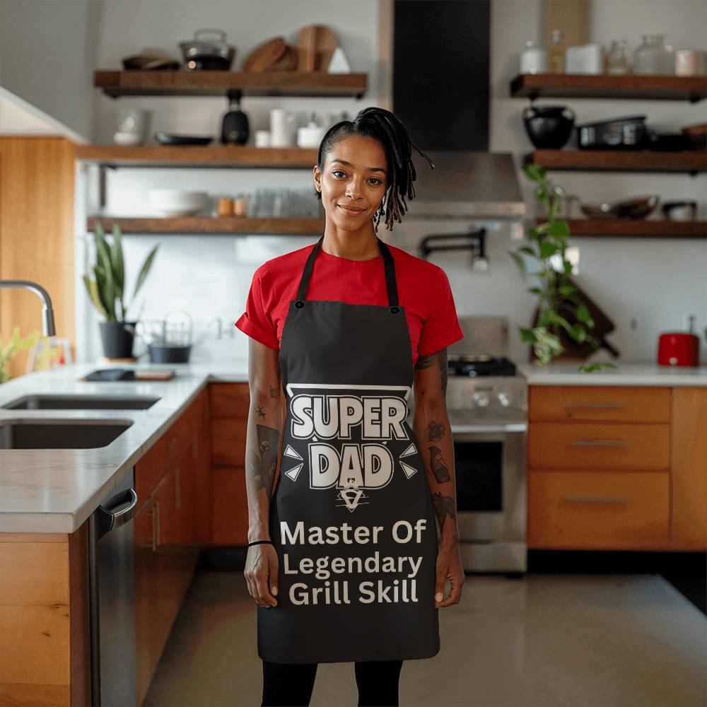 Cooking apron with the words 'Super Dad, Master of Legendary Grill Skill' printed on the front.
