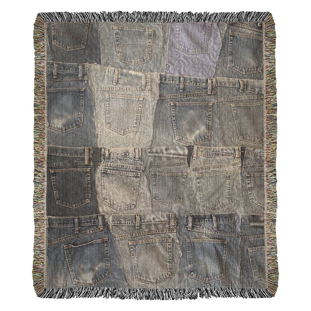 Heirloom Artwork Woven Blanket: a custom, 100% cotton yarn blanket with colorful fringe, measuring 60x50 inches. Perfect for gifting on special occasions.