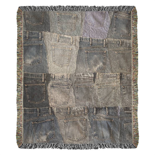Heirloom Artwork Woven Blanket: a custom, 100% cotton yarn blanket with colorful fringe, measuring 60x50 inches. Perfect for gifting on special occasions.
