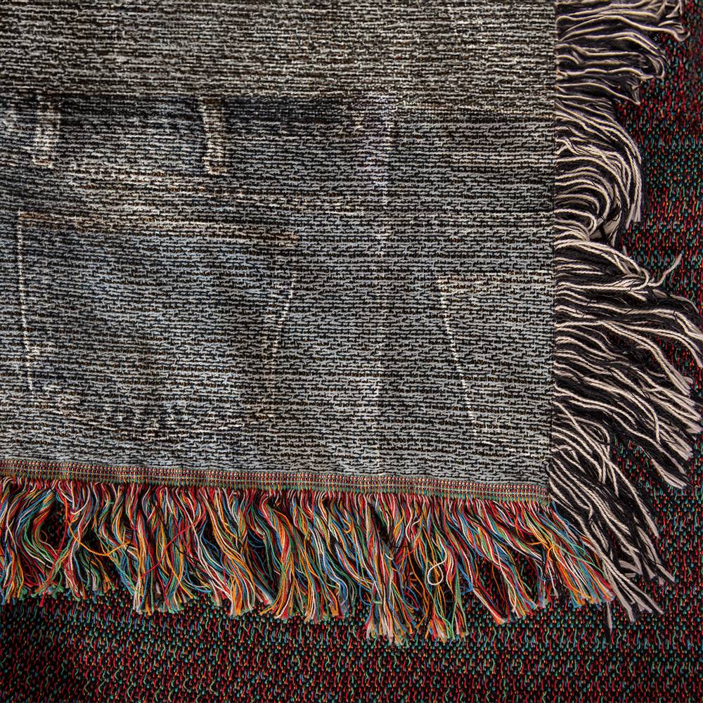 Heirloom Artwork Woven Blanket: a custom, 100% cotton yarn blanket with colorful fringe, measuring 60x50 inches. Perfect for gifting on special occasions.