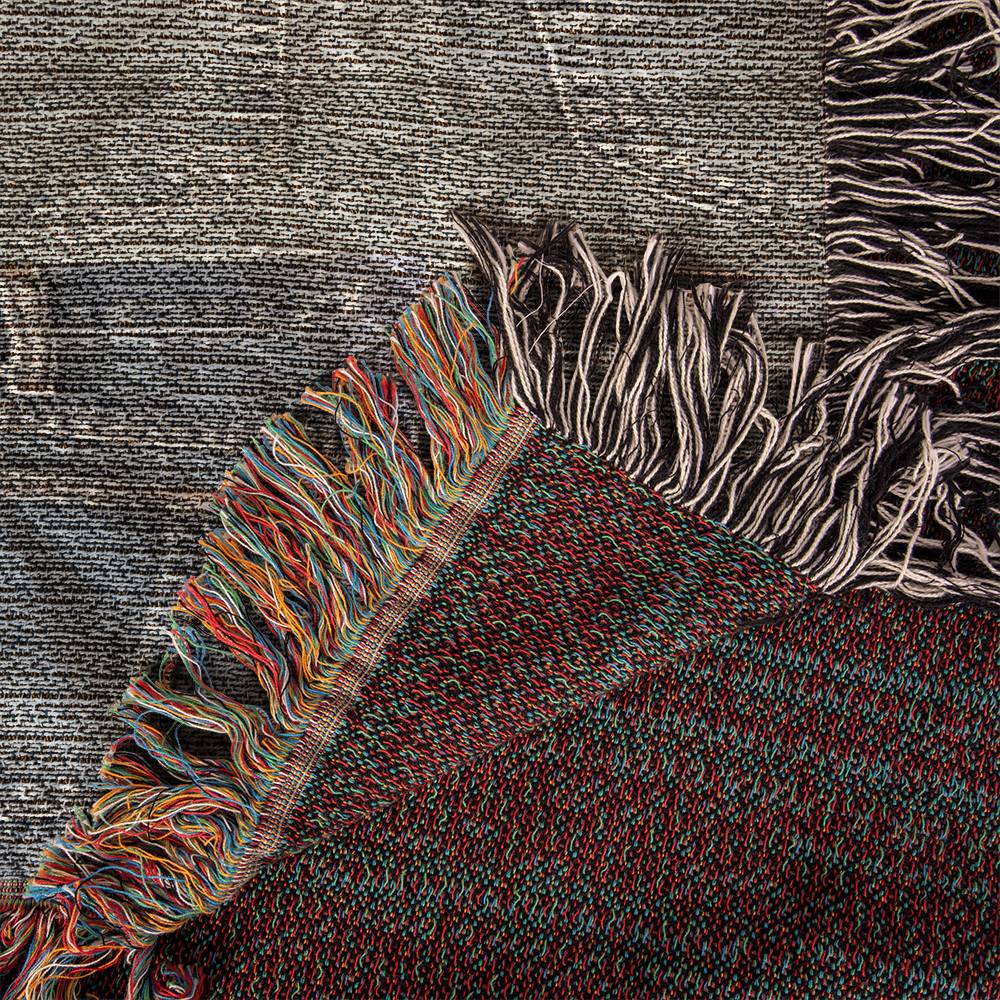 Heirloom Artwork Woven Blanket: a custom, 100% cotton yarn blanket with colorful fringe, measuring 60x50 inches. Perfect for gifting on special occasions.