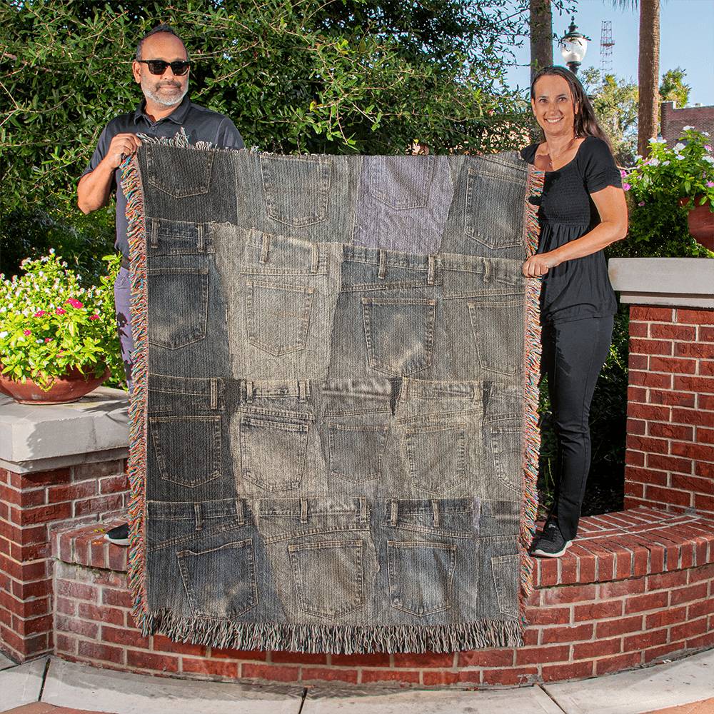 Heirloom Artwork Woven Blanket: a custom, 100% cotton yarn blanket with colorful fringe, measuring 60x50 inches. Perfect for gifting on special occasions.