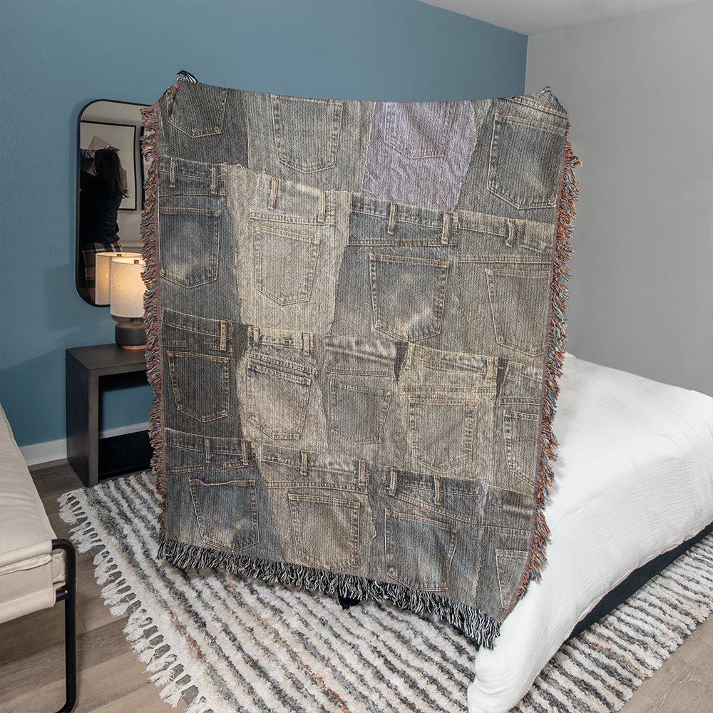 Heirloom Artwork Woven Blanket: a custom, 100% cotton yarn blanket with colorful fringe, measuring 60x50 inches. Perfect for gifting on special occasions.