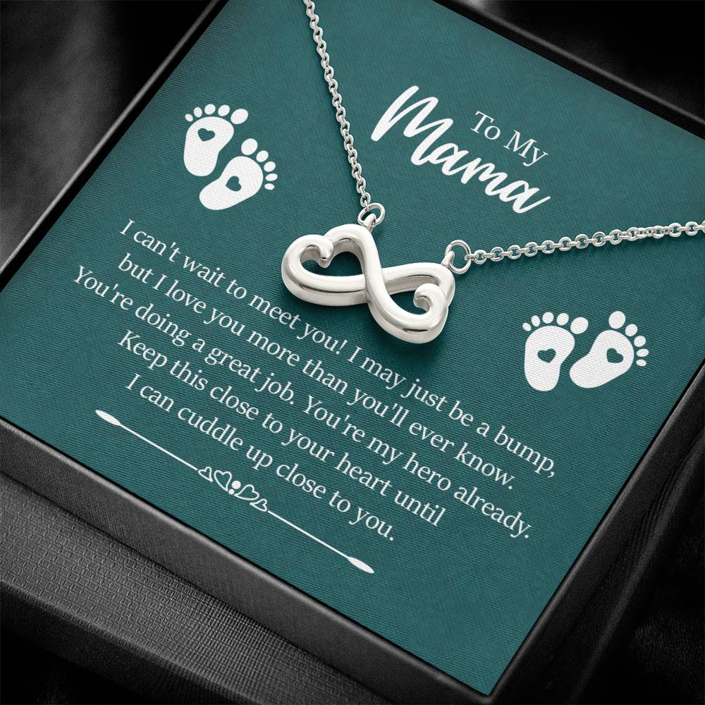 Gift card with the Endless Love Necklace featuring a heart-shaped infinity symbol in 14k white gold finish, hand-polished for a magnificent shine, dimensions 0.5 inches in height and 1 inch in width, suspended on a 16 to 22-inch adjustable cable chain with a lobster clasp, inscribed with 'I'll love you till the end of time.