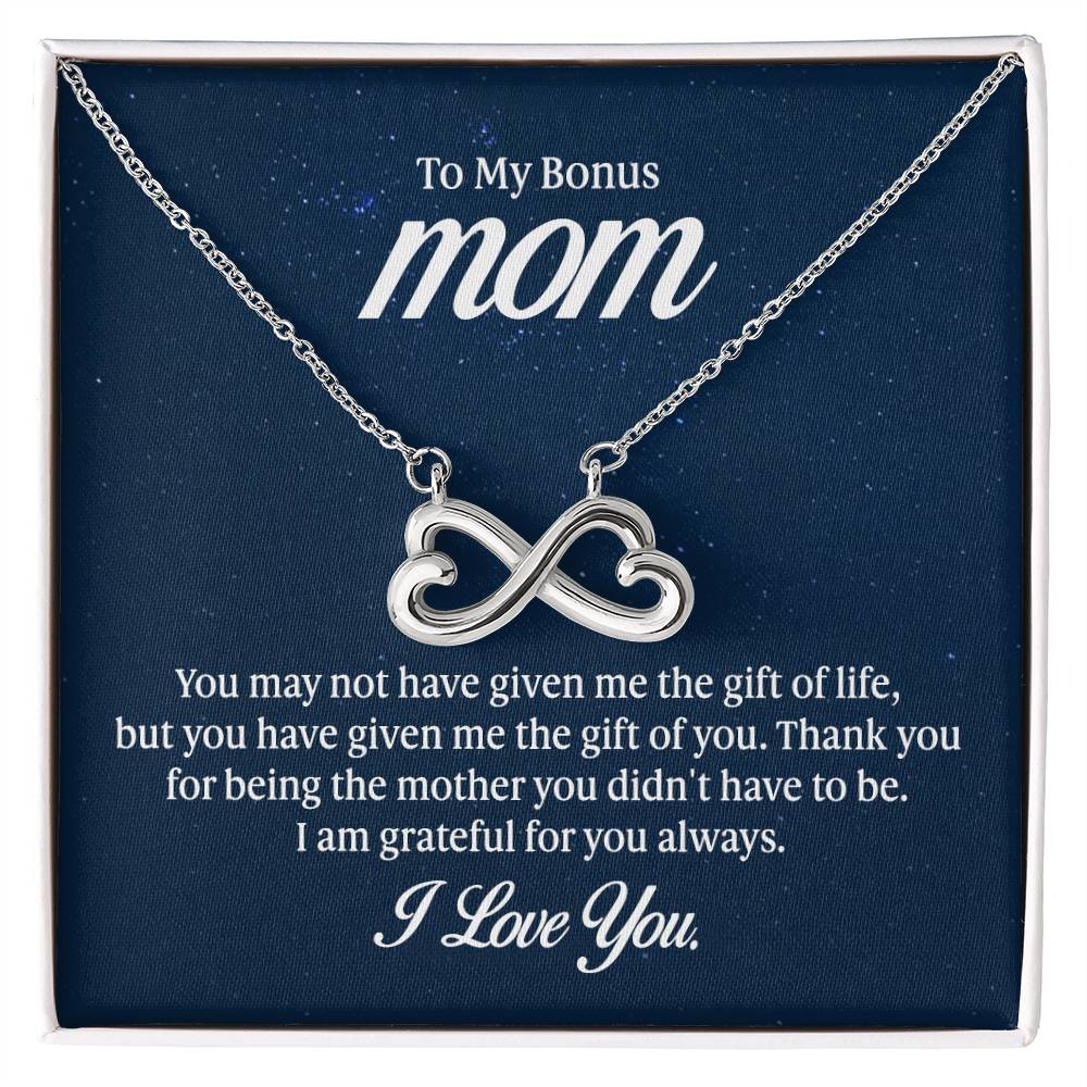 Gift card with the Endless Love Necklace, featuring a heart-shaped infinity symbol crafted in 14k white gold finish, hand-polished for a magnificent shine
